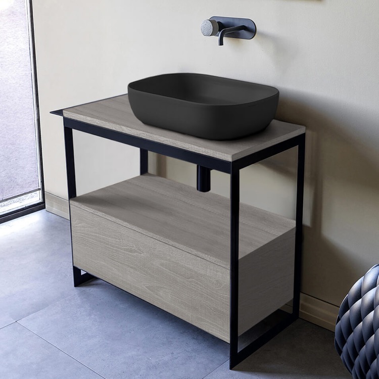 Scarabeo 1804-49-SOL3-88-No Hole Console Sink Vanity With Matte Black Vessel Sink and Grey Oak Drawer